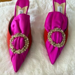Jimmy Choo Fuchsia and Scarlet Mules with Gold Accents